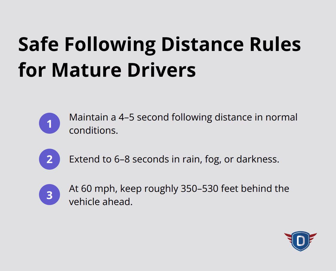 Recommended following distances and space at highway speed for mature drivers