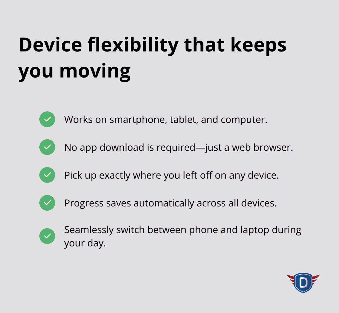 Checkmark list showing cross-device access and progress sync