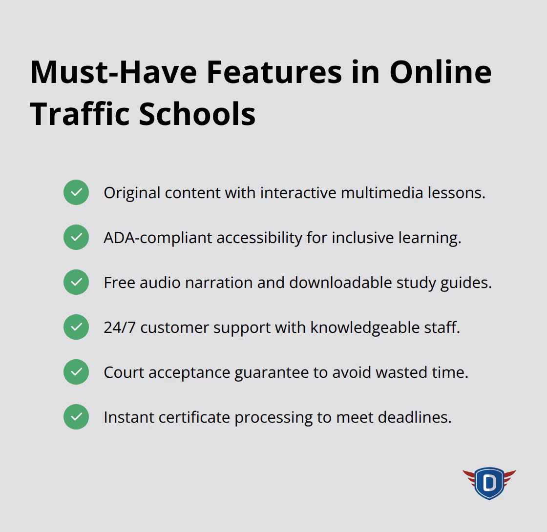 Checklist of essential online traffic school features