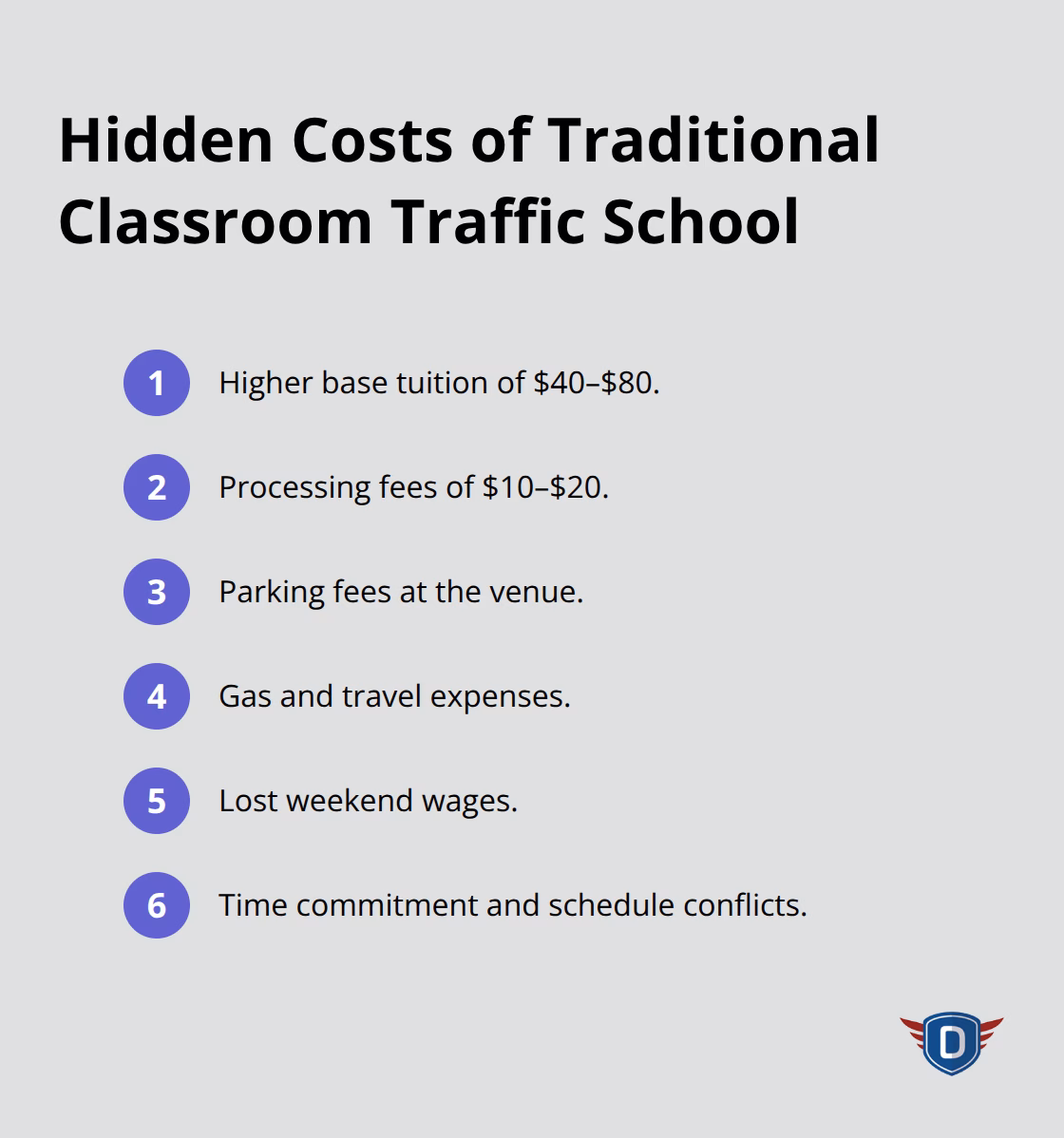 Ordered list of common classroom traffic school expenses beyond tuition - online traffic school reviews