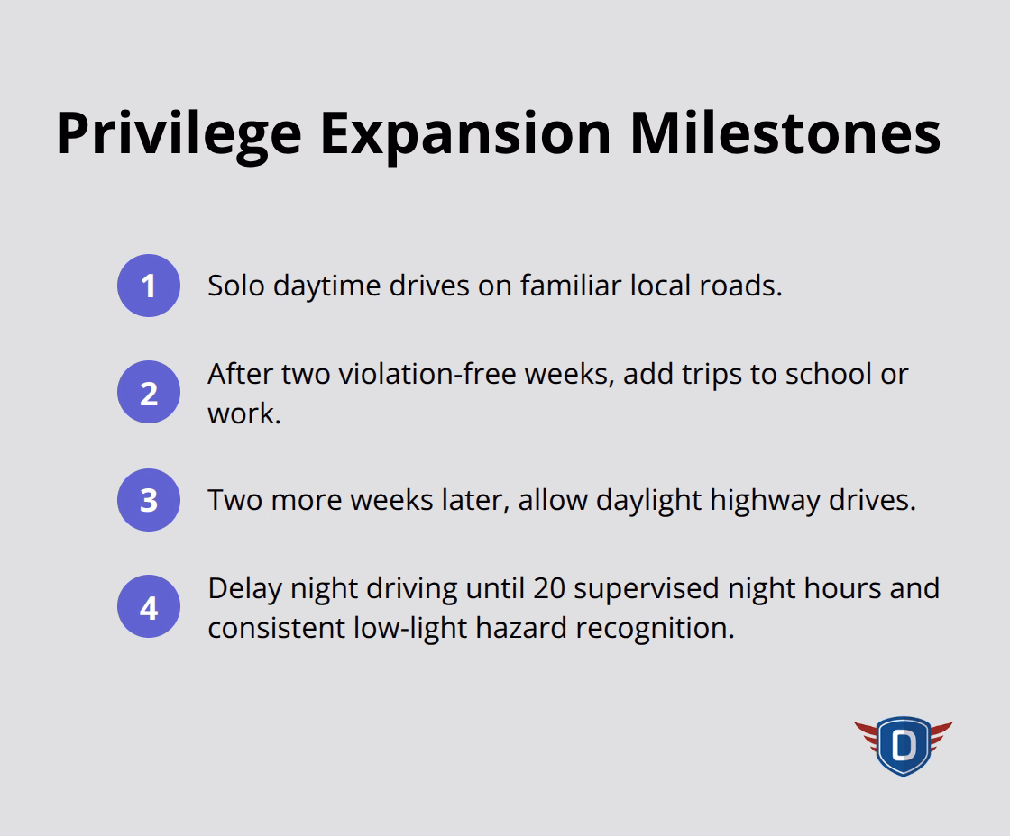 Compact list of staged driving privileges based on performance