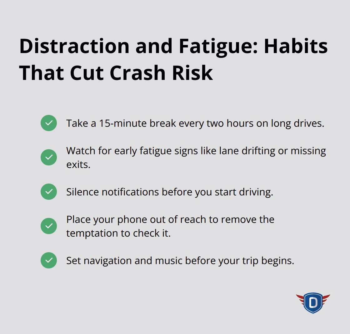 Checklist of simple habits to reduce distraction and fatigue while driving in Florida - Refresher driving course Florida