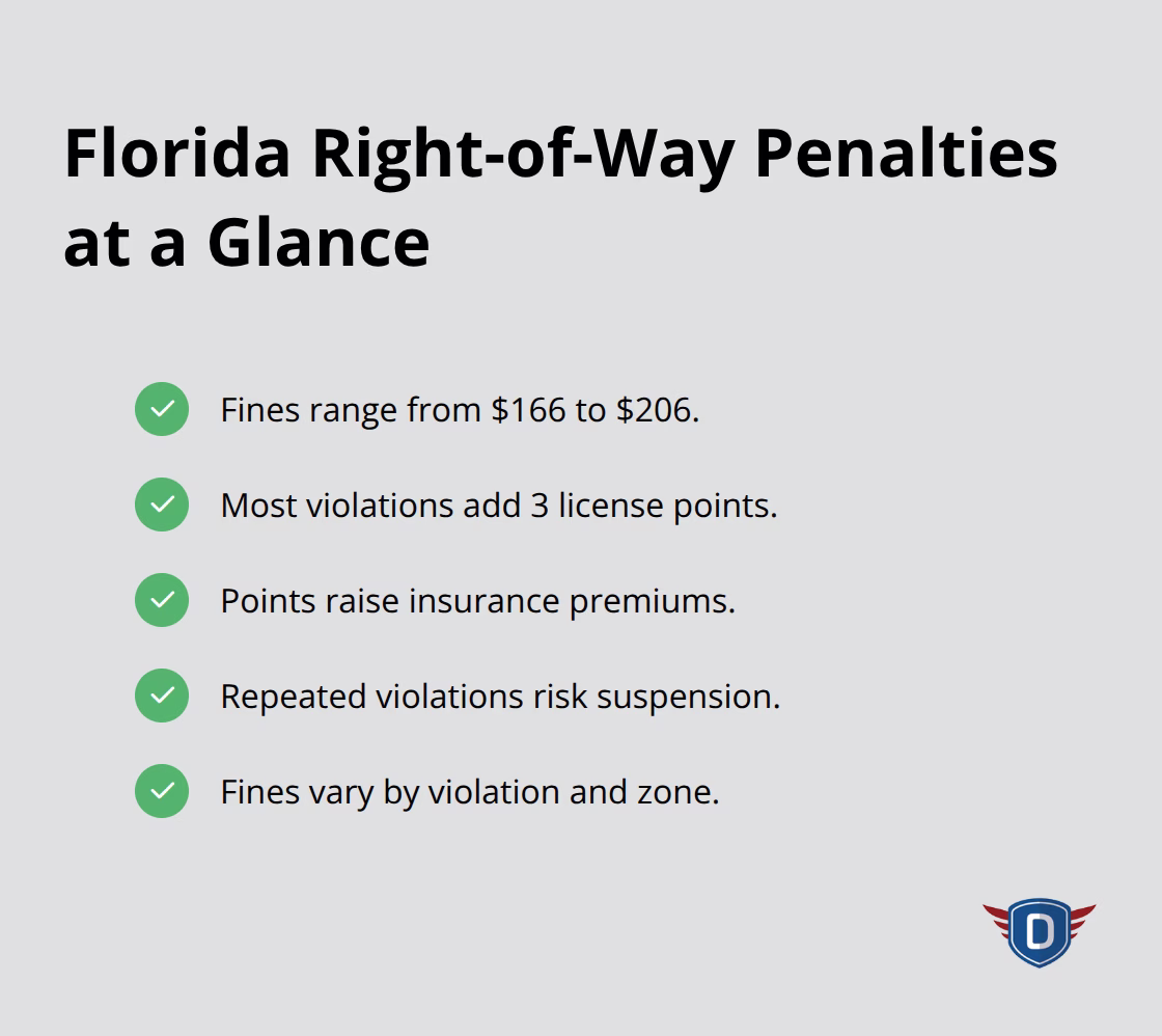 Summary of Florida right-of-way penalties including fines, points, and insurance impacts - Right of way Florida