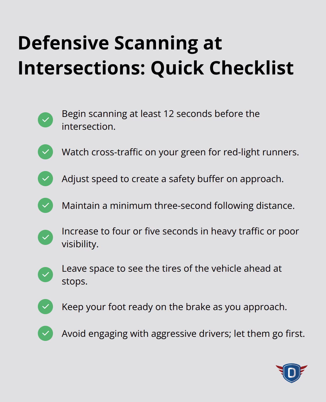 Checklist of defensive driving actions to reduce intersection crash risk. - Right of way rules