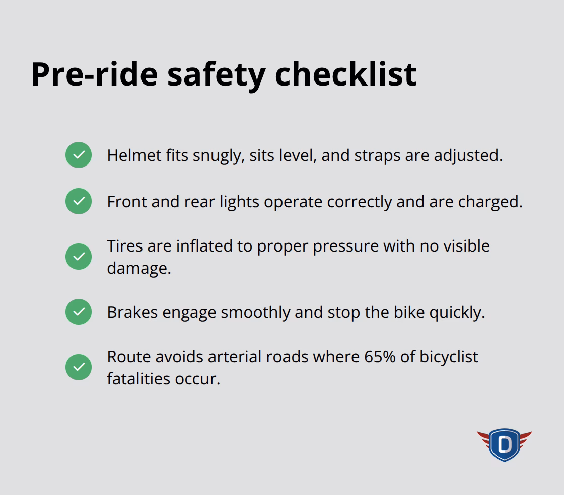 Compact checklist of essential pre-ride safety steps for U.S. road cyclists.