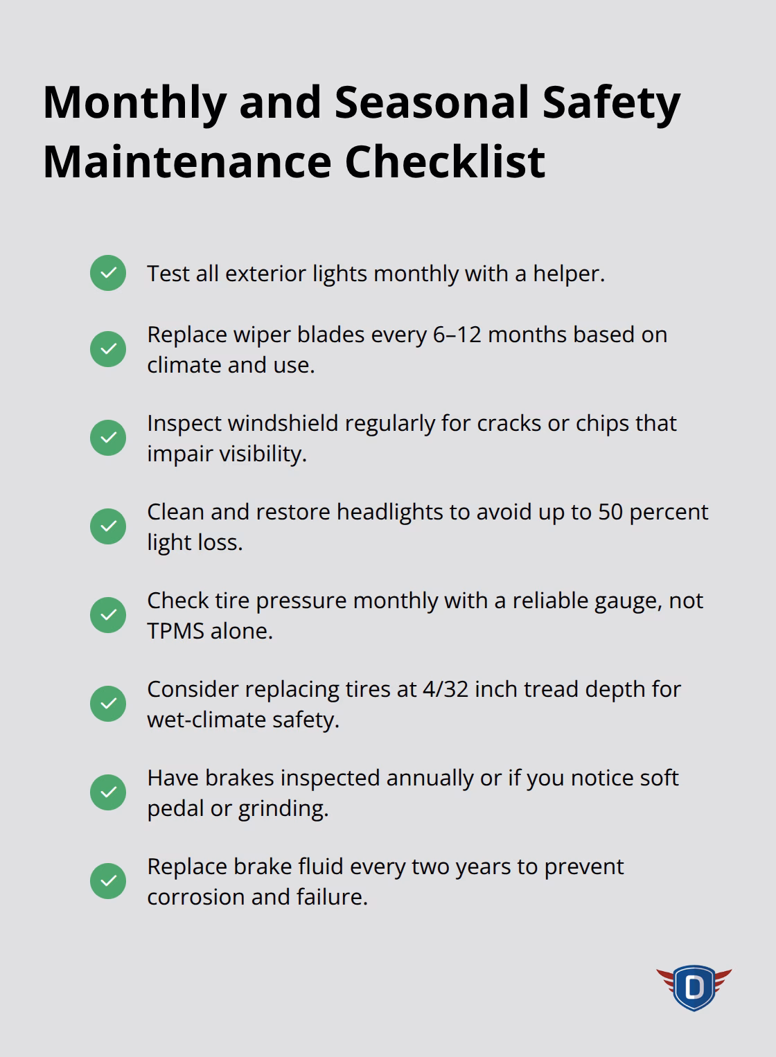 Checklist of essential vehicle maintenance tasks to keep safety systems effective. - road safety equipment