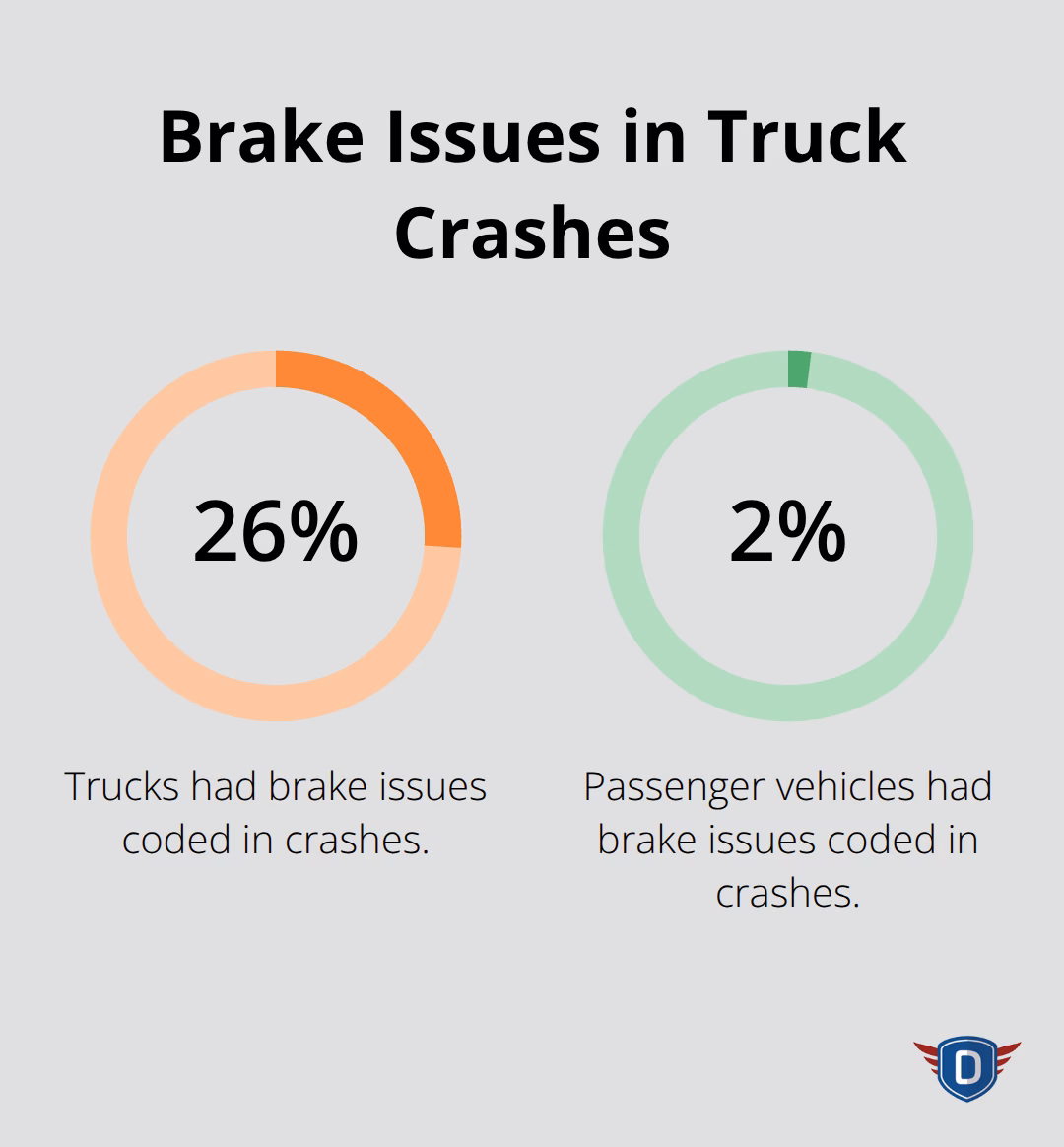 Chart showing 26% of trucks had brake issues in crashes compared to 2% of passenger vehicles