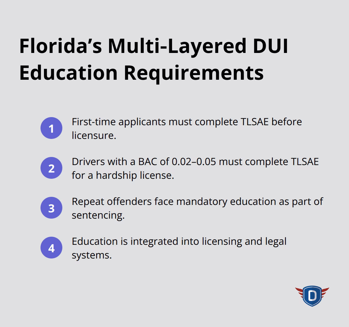 Compact list summarizing Florida TLSAE and related education requirements. - Substance abuse traffic education