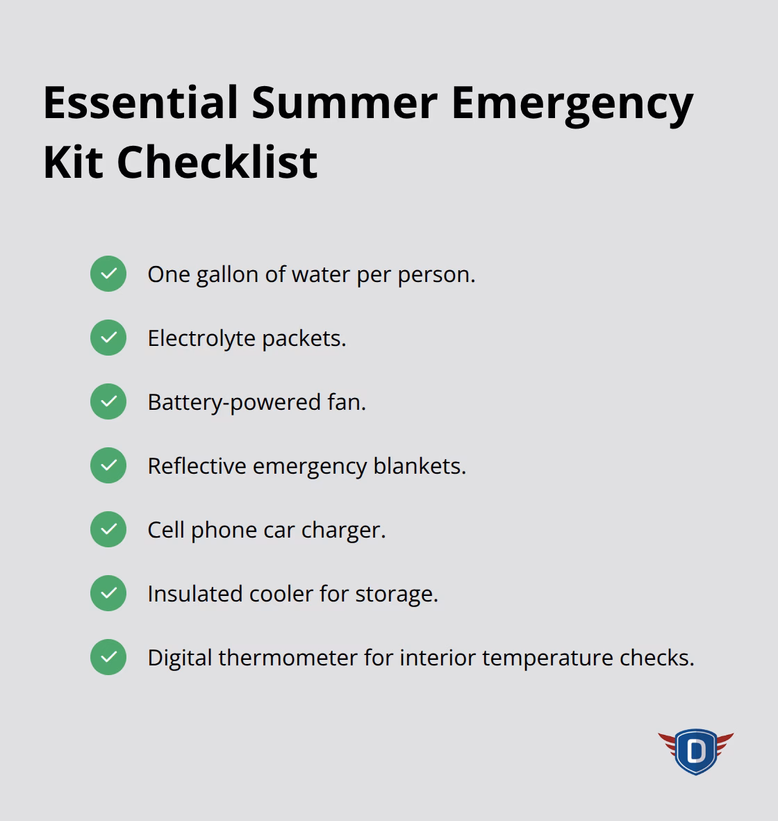 Checklist of critical items to include in a summer roadside emergency kit. - summer driving safety tips