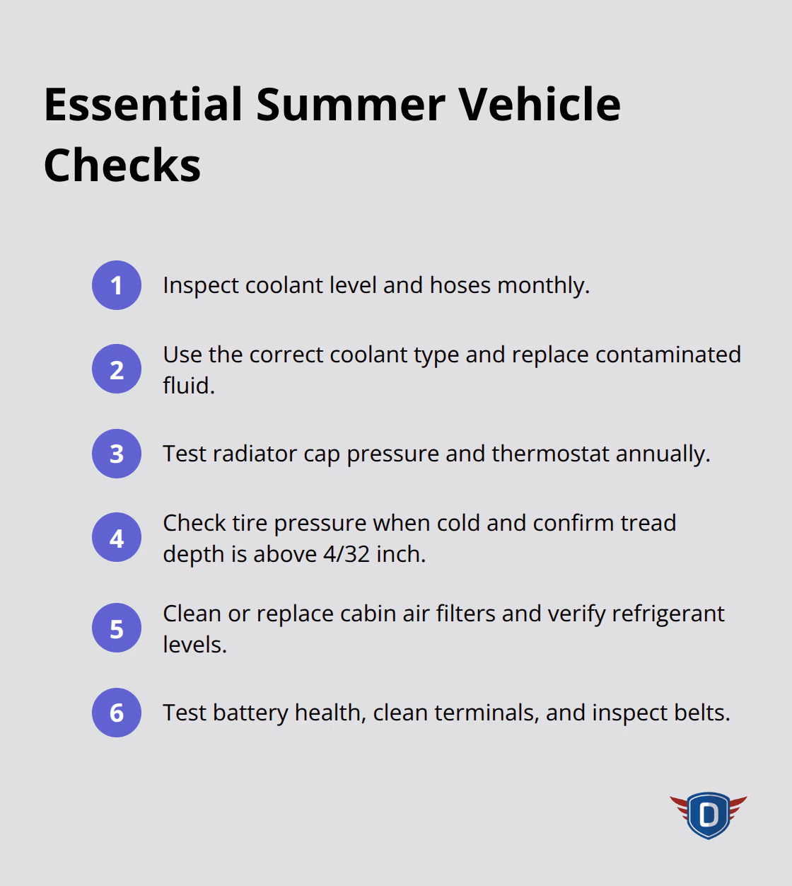 A compact checklist of key summer vehicle maintenance steps to prevent breakdowns.