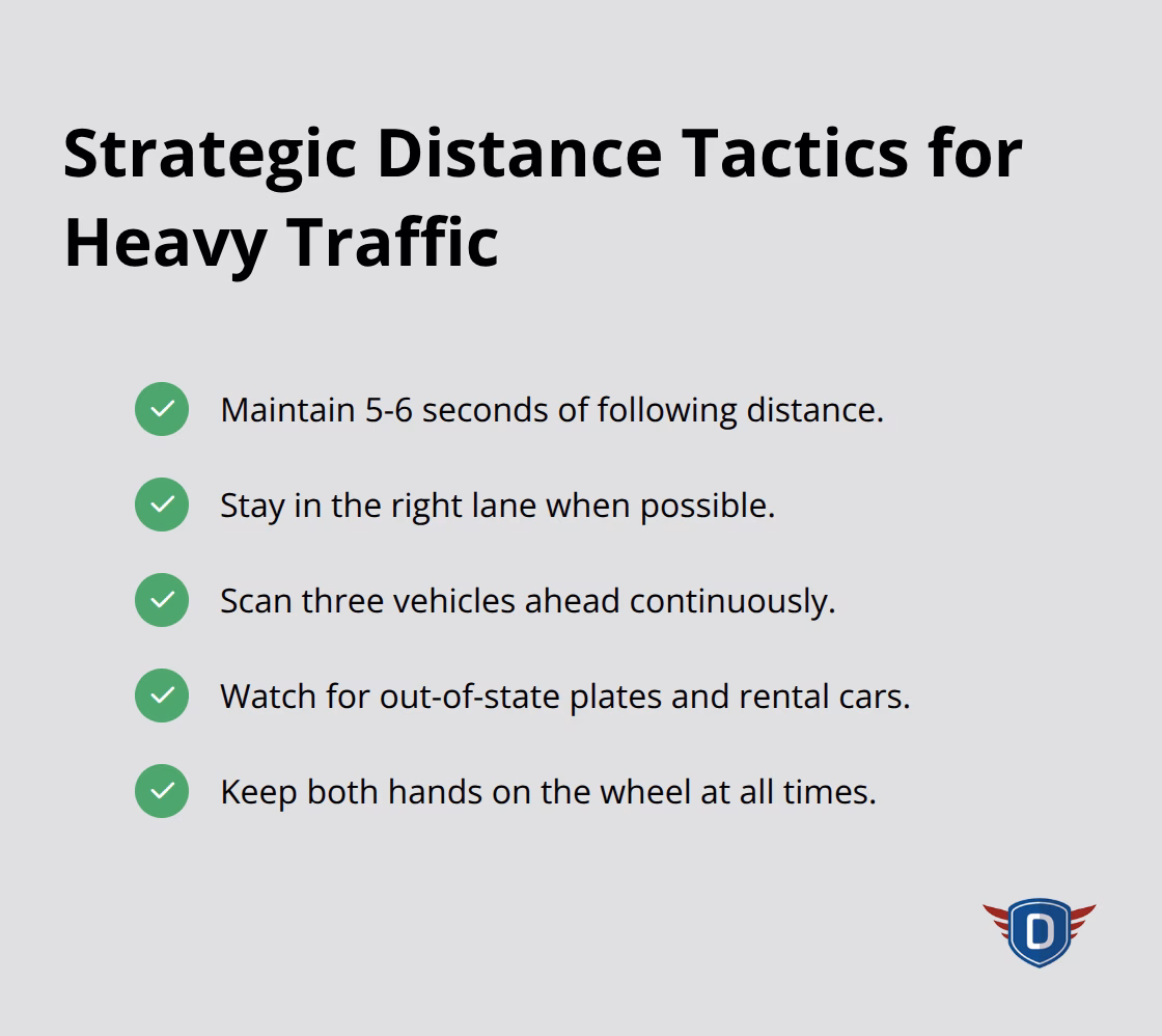 A checkmarked list of distance and positioning tactics to stay safe in vacation traffic. - summer safe driving