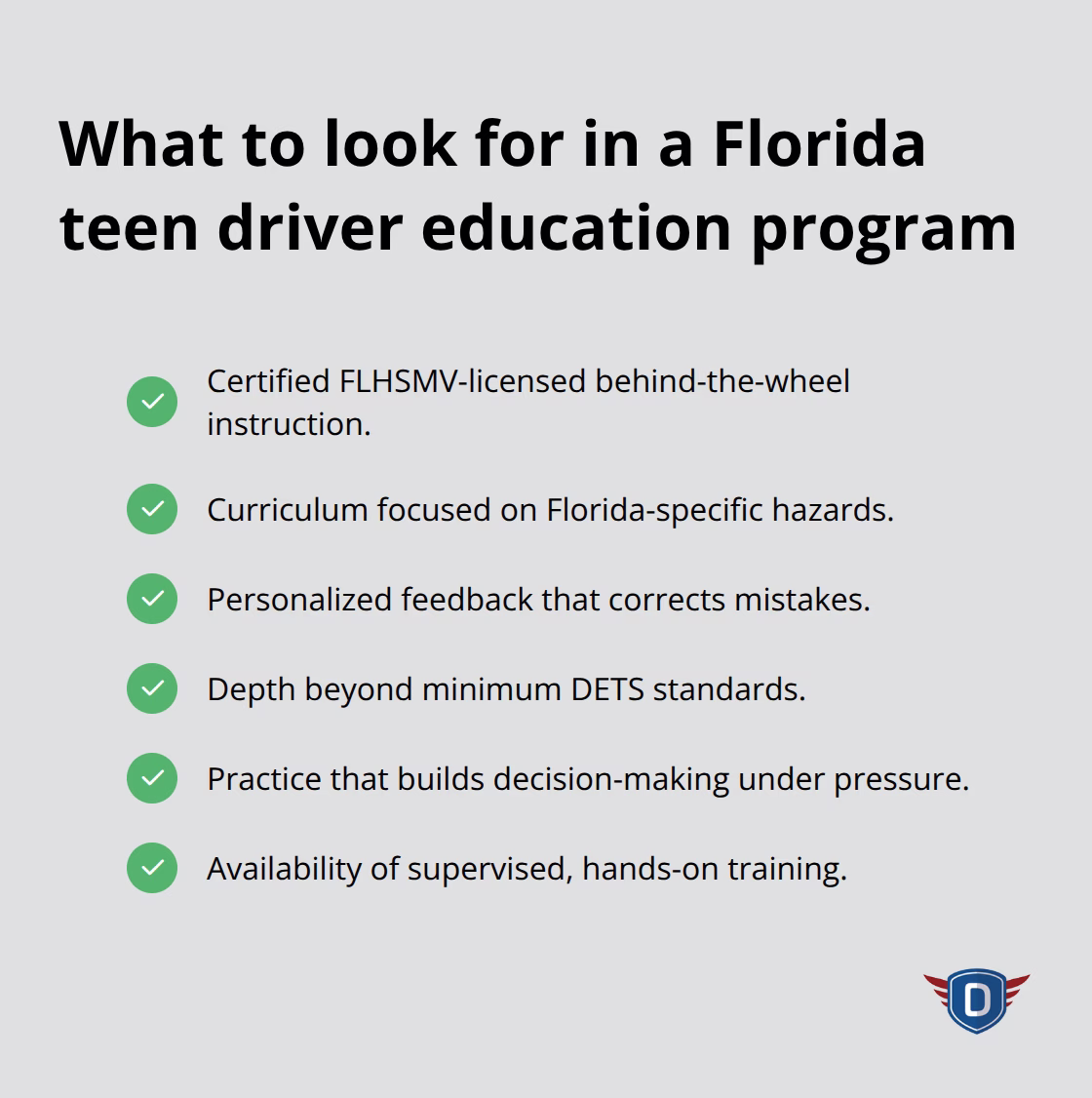 Checklist of quality elements for Florida teen driver education programs.