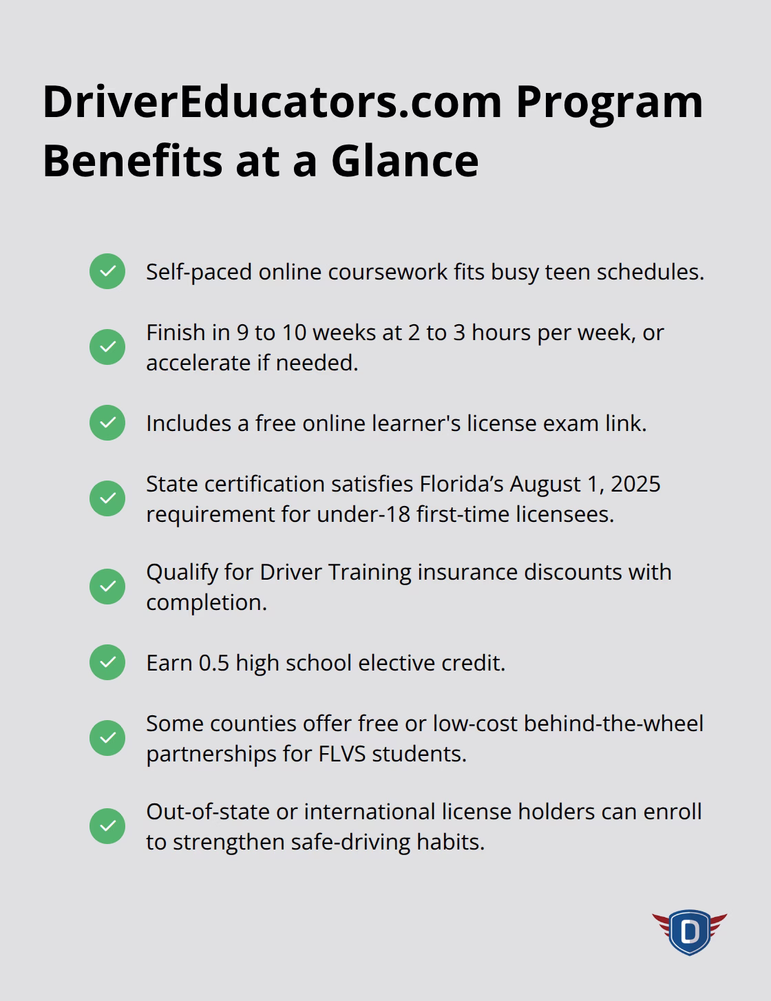 Checklist highlighting key benefits and logistics of the floridanewdriver.com teen program in Florida. - teen driver education Florida