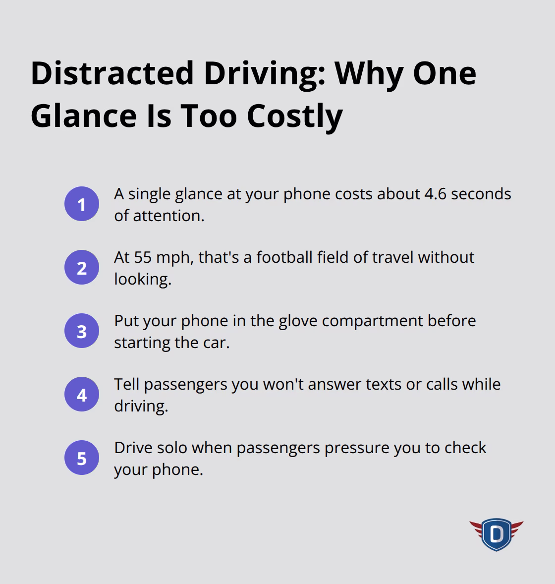 Compact list of key facts and actions to prevent phone-related distraction while driving - Teen driver readiness checklist