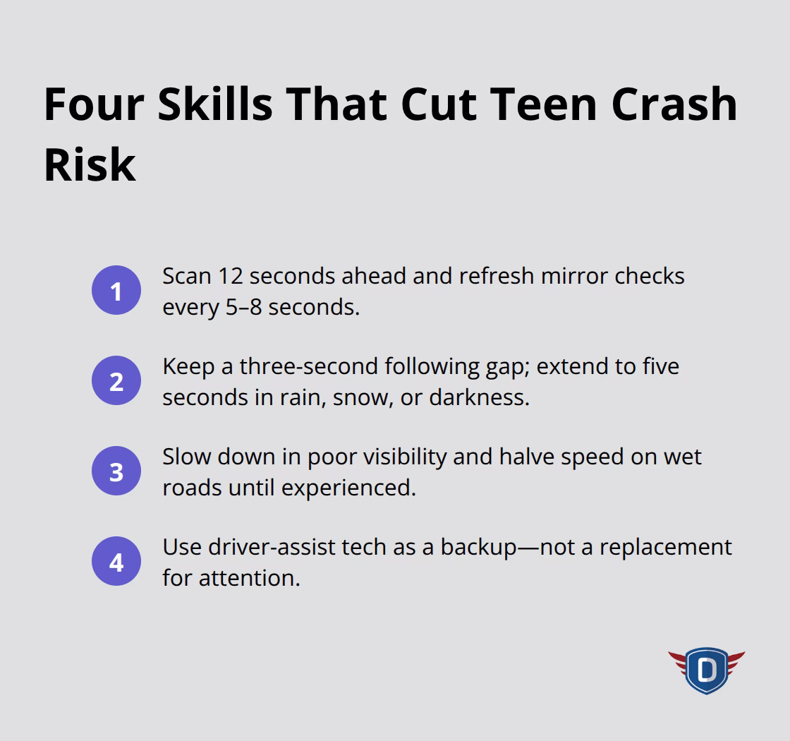 Compact checklist of four practical driving skills for teens to practice. - teen driver safety tips