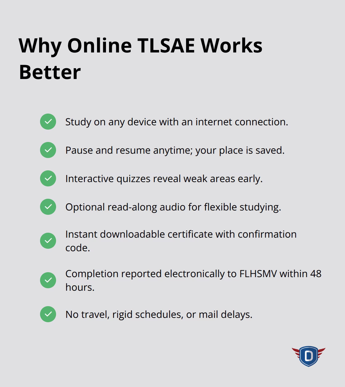 Checkmark list of benefits of taking TLSAE online - TLSAE course online Florida