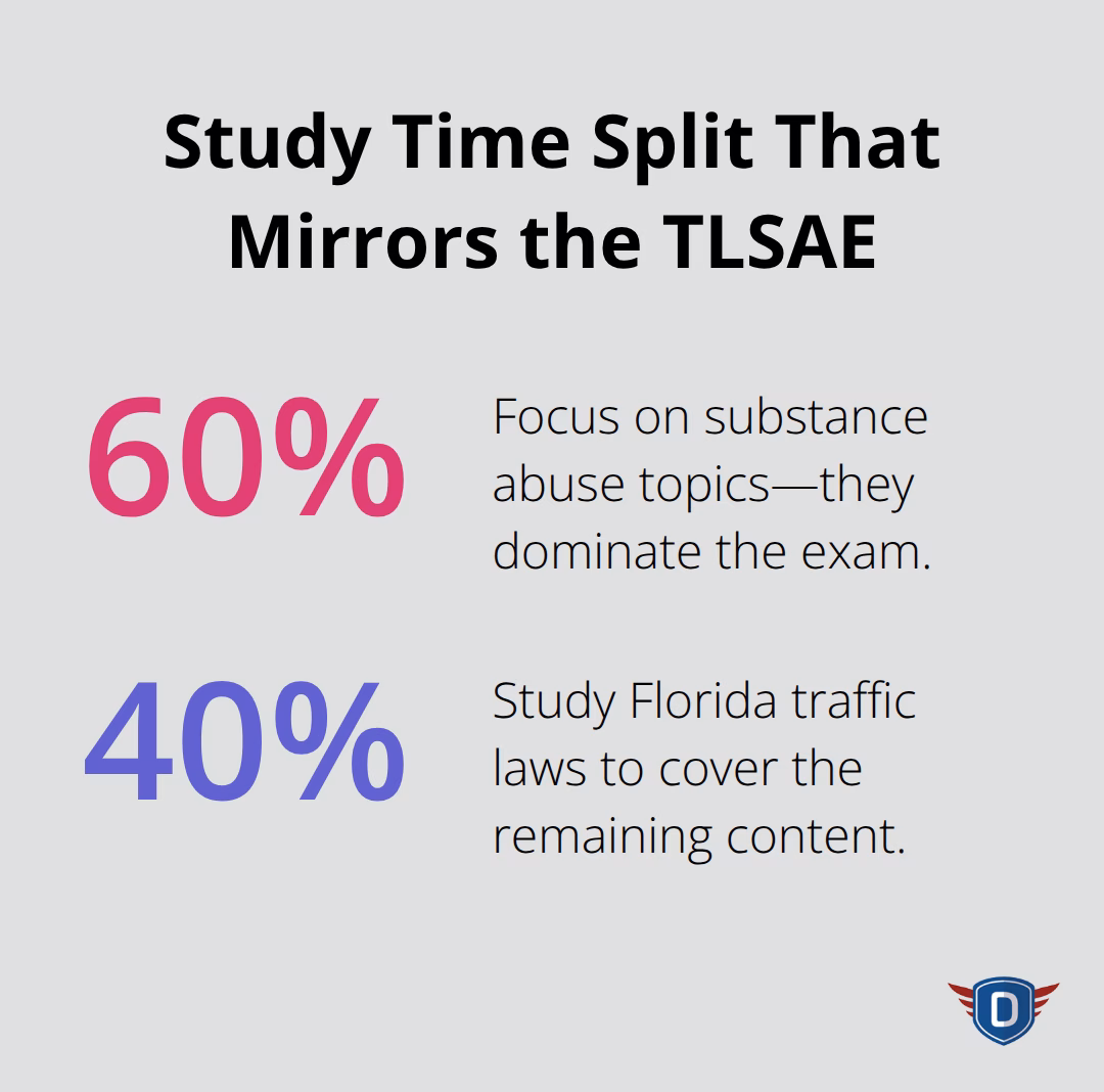 Recommended TLSAE study time split between substance abuse topics and Florida traffic laws
