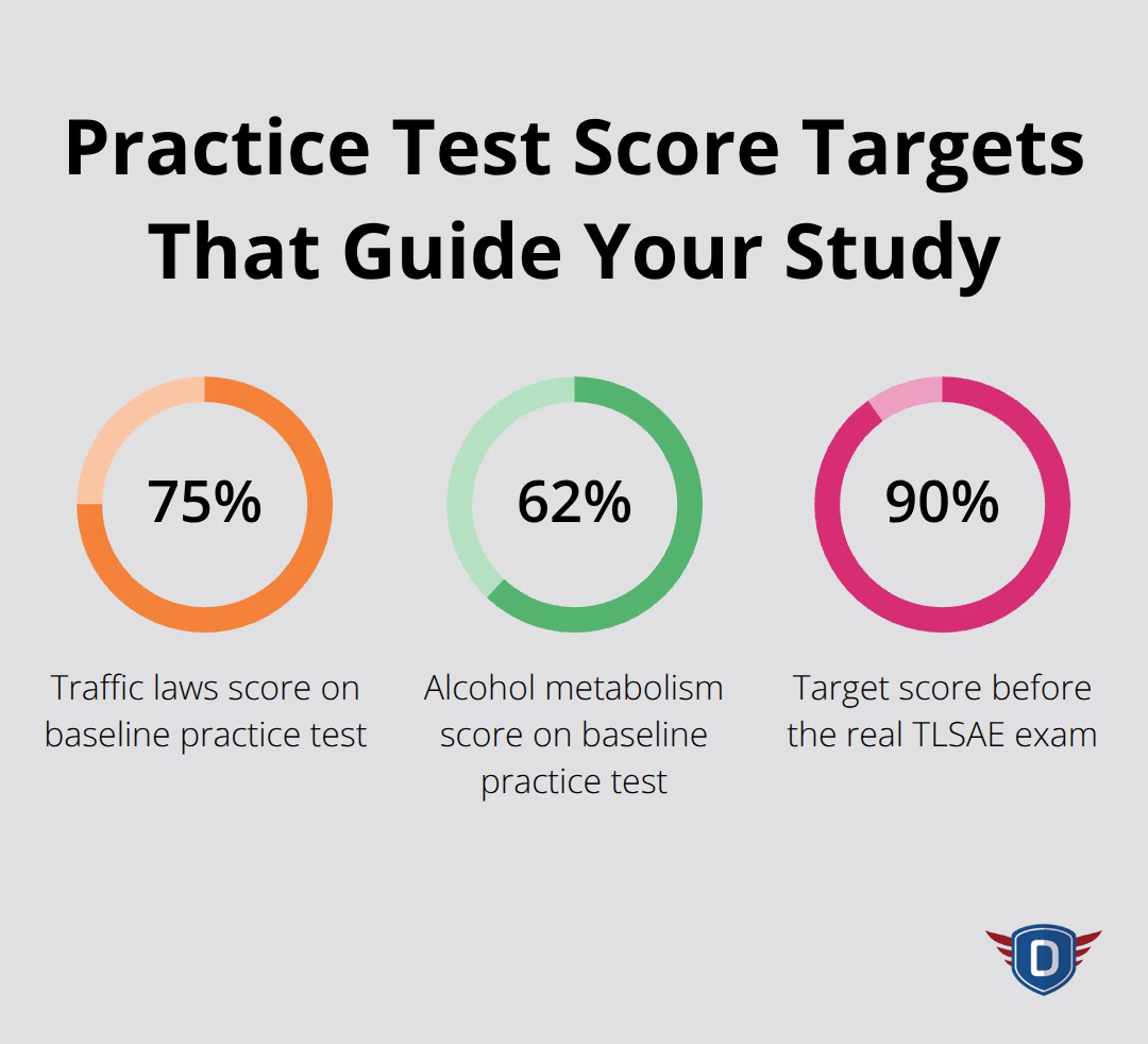 Chart showing sample TLSAE practice test scores: 75% traffic laws, 62% alcohol metabolism, and a 90% target score.