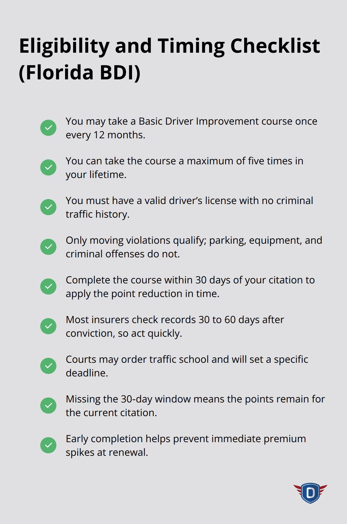 Checklisted rules to qualify for Florida traffic school and meet timelines - traffic citation dismissal