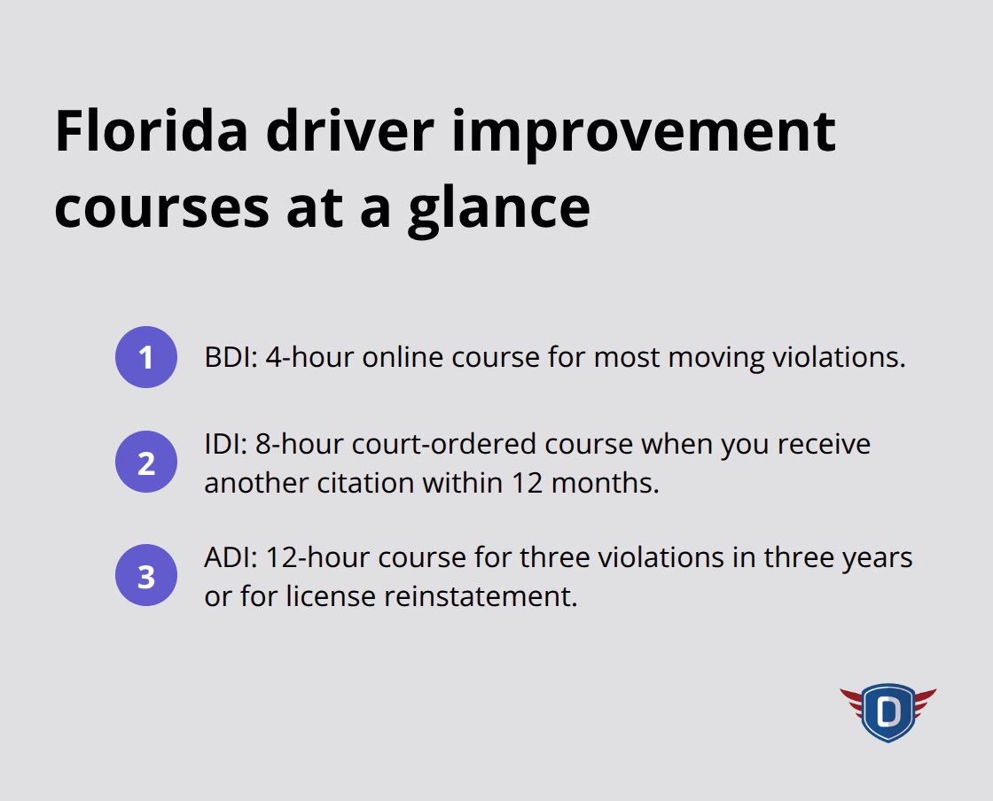 Compact list summarizing BDI, IDI, and ADI course types, durations, and typical use cases in Florida. - Traffic citation options