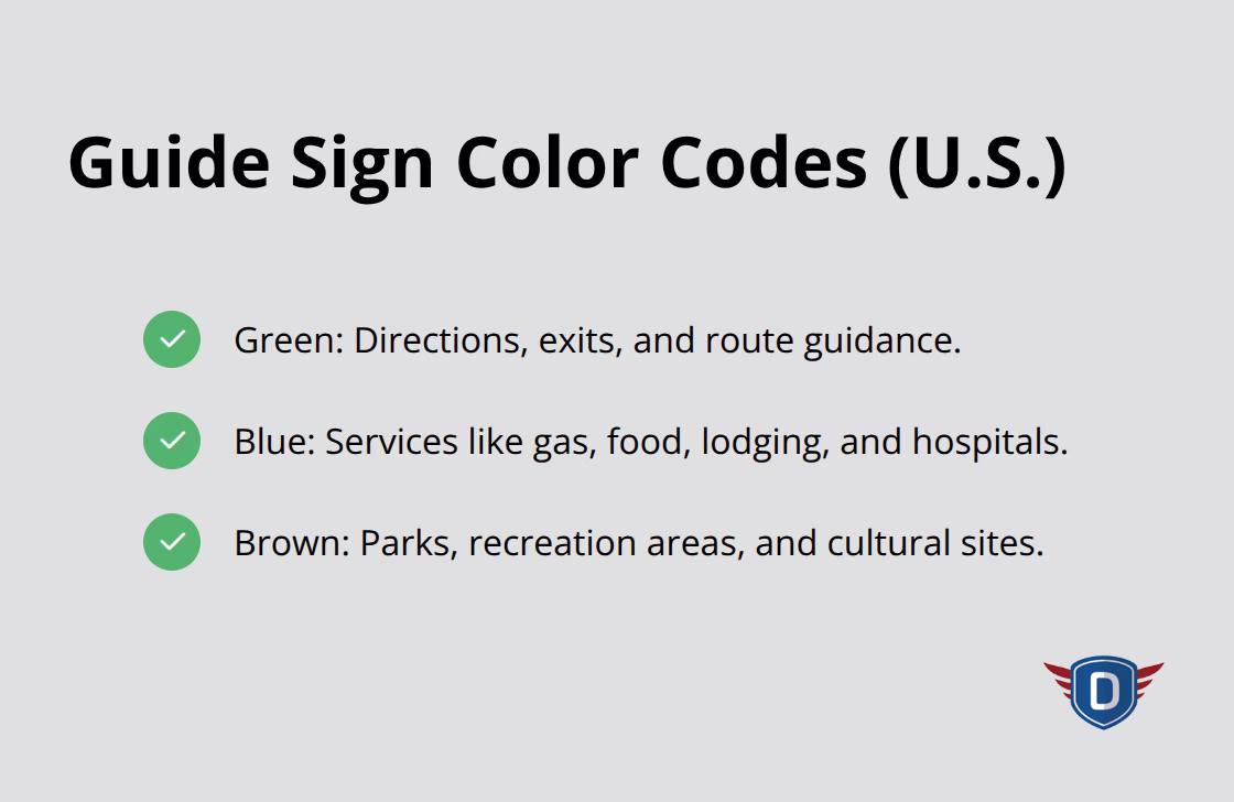Checkmark list explaining U.S. guide sign colors for directions, services, and recreation. - Traffic sign meanings