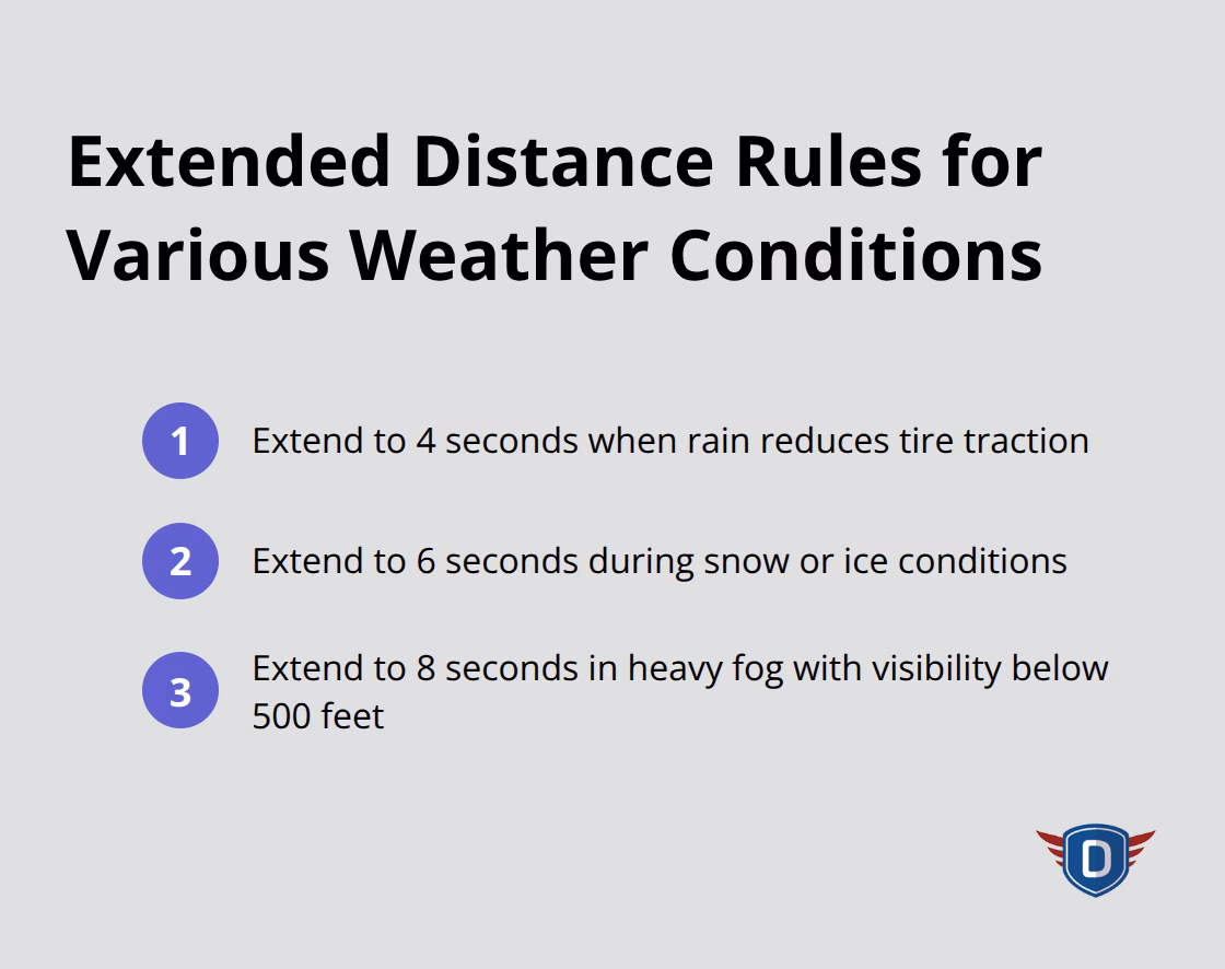 Chart listing extended distance rules: 4 seconds for rain, 6 seconds for snow/ice, 8 seconds for heavy fog